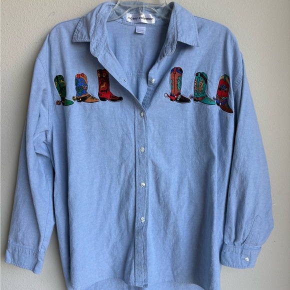 Casey Coleman Tops - Casey Coleman embroidered cowboy boots 100% cotton long sleeve button up